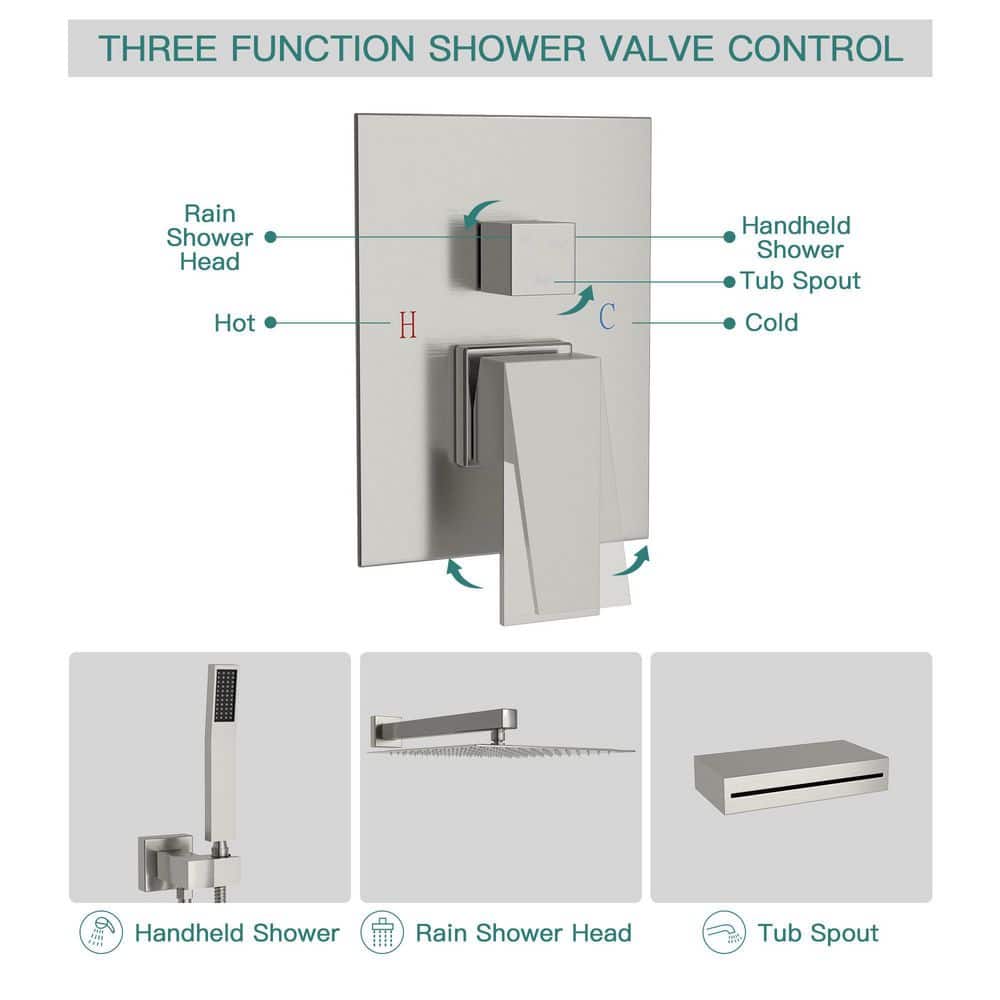 Brushed Nickel Large Square Multi-Head Wall Mounted Shower System
