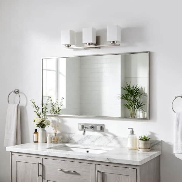 3-Light 22 in. Brushed Nickel Indoor Bathroom Vanity Lights with Etched White Glass Square Rectangle Shades