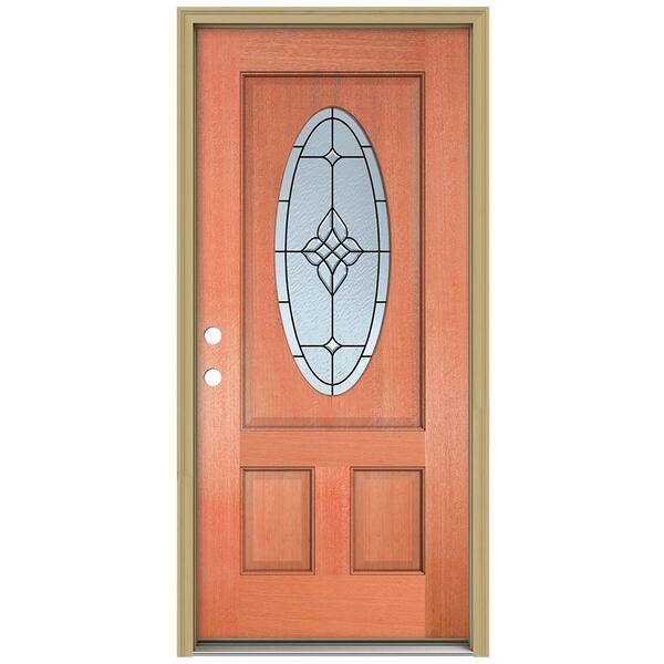 JELD-WEN 36 in. x 80 in. Rosemont 3/4 Oval Lite Unfinished Mahogany Wood Prehung Front Door with Brickmould and Patina Caming