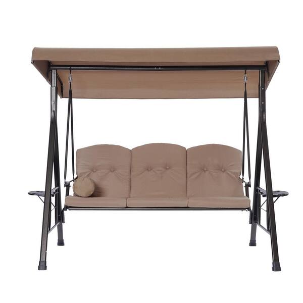 Jushua 3-Person Black Metal Patio Swing Chair with Cup Holders, Cushions, Pillows, Canopy Adjustable