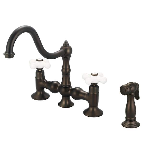 Water Creation 2-Handle Bridge Kitchen Faucet with Metal Side Sprayer in Oil Rubbed Bronze