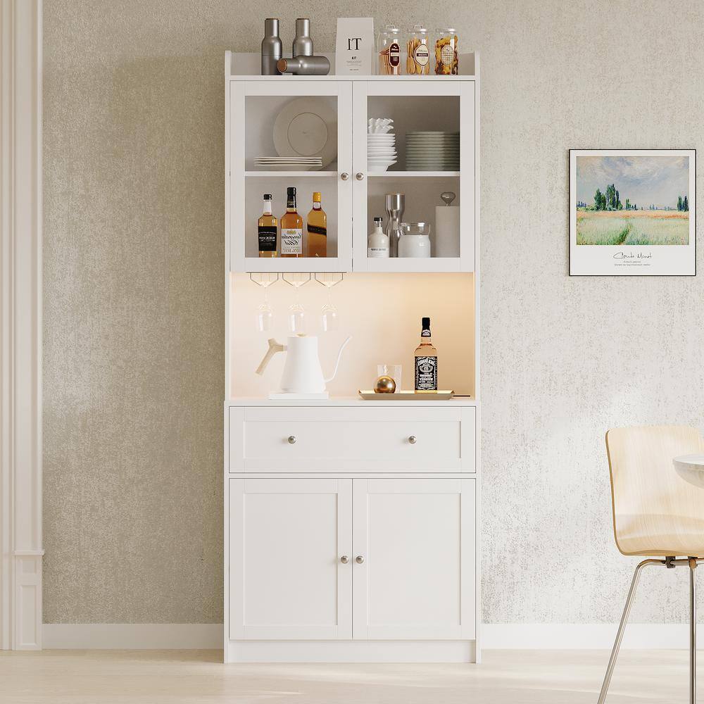 75.2 in. White Kitchen Pantry Storage Cabinet with Lights and Charging Stat