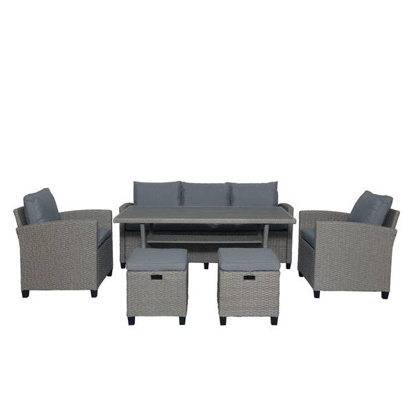 Unbranded 6-Piece Wicker Outdoor Sectional Set with Gray Seat Cushions