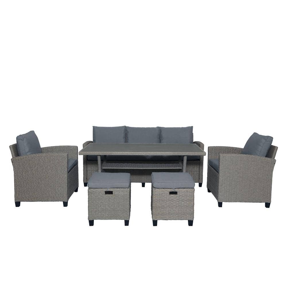 6-Piece Wicker Outdoor Sectional Set with Gray Seat Cushions