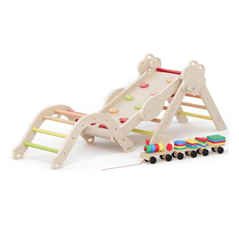 Pikler Triangle Set - Warm Tones Indoor Playground for Toddlers 18M-3Y, Foldable Wooden Climbing Toys with Train Toy & price history on PriceWatchPro