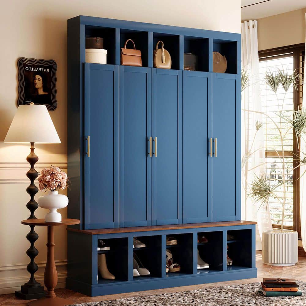 Farmhouse Navy Blue Wood Entryway Hall Tree with Built-in Bench, Enclosed Cabinet, Open Cubbies and Shoe Storage