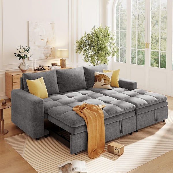 82 in. Gray Polyester Twin Size Pull-Out Sofa Bed with Storage Chaise