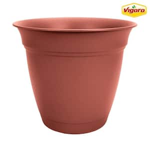 16 in. Mirabelle Large Clay Plastic Planter (16 in. D x 14.5 in. H) with Drainage Hole and Attached Saucer
