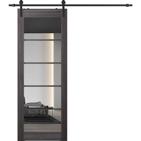 Paola 5 Lite 36 in. x 96 in. 5-Lite Mirrored Glass Gray Oak Wood Composite Sliding Barn Door with Hardware Kit