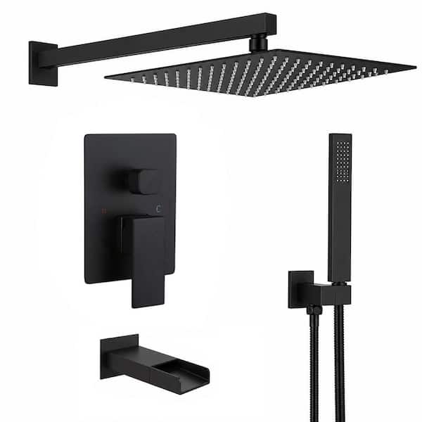 Waterfall Spout Single Handle 3-Spray Square High Pressure Tub and Shower Faucet in Matte Black (Valve Included)