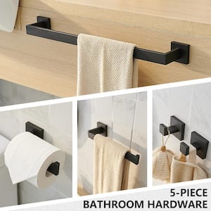 Bathroom Hardware 5-Piece Bath Hardware Set with Towel Bar, Robe Hook, Toilet Paper Holde Matte Black