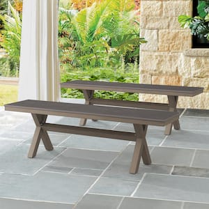 60 in. Slate Gray Plastic Wood Aluminum Outdoor Patio Benches X-Leg Dining Seating for Garden Backyard (Set of 2)