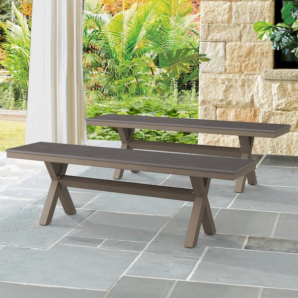 LUE BONA 60 in. Slate Gray Plastic Wood Aluminum Outdoor Patio Benches X-Leg Dining Seating for Garden Backyard (Set of 2)