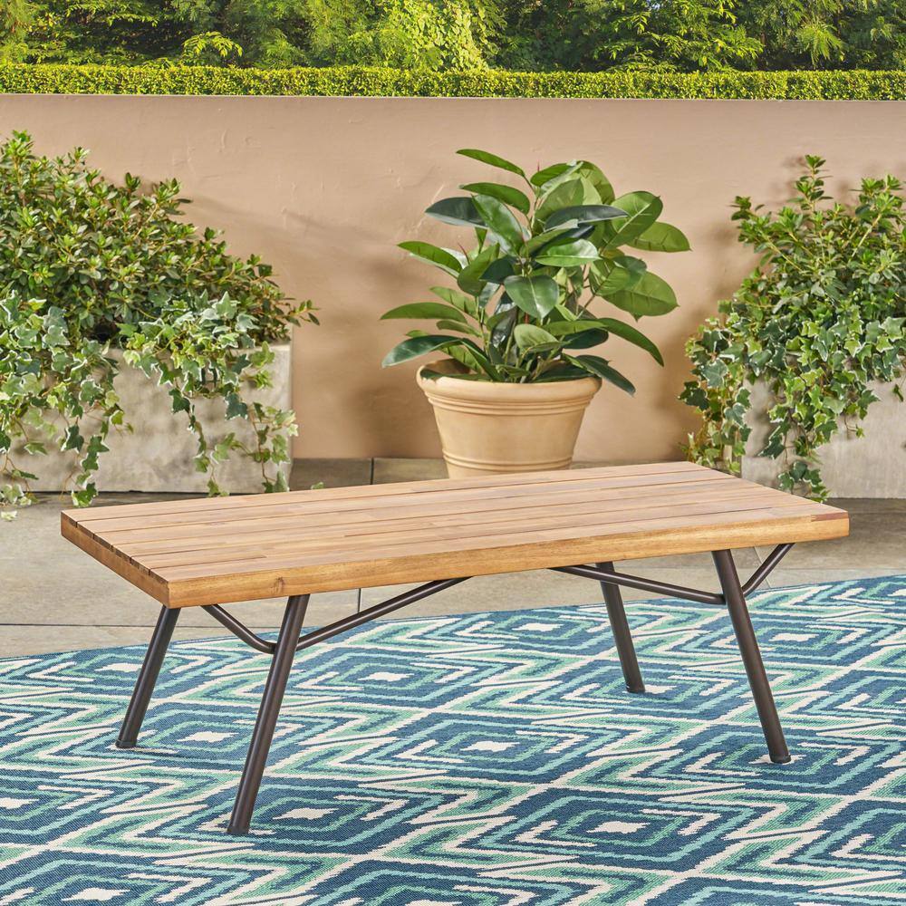 Acacia Wood and Black Iron Outdoor Coffee Table