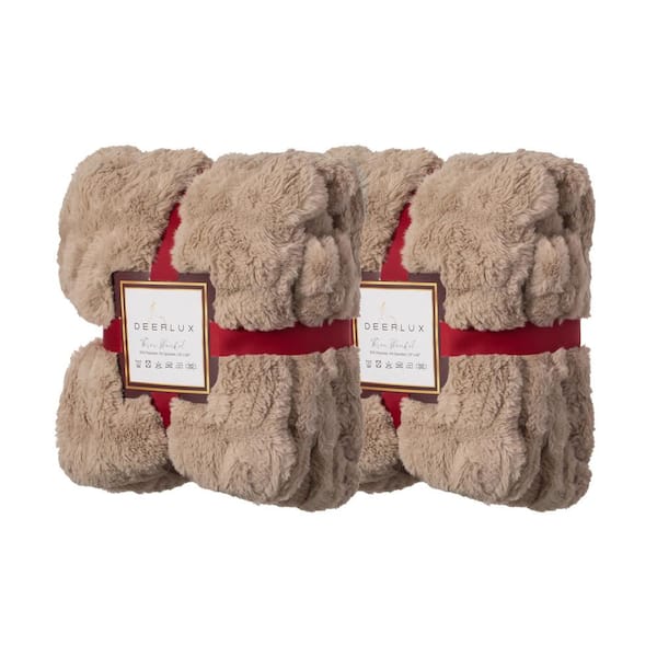 DEERLUX Decorative Tan Throw Blanket Set of 2 50 in. x 60 in. Rached Faux Fur Cozy Throw Blanket - Decorative Plush Blanket