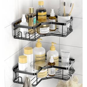 Wall Mount Adhesive Stainless Steel Corner Shower Caddy Organizer Shelf with 8 hooks in Matte Black 2-Pack