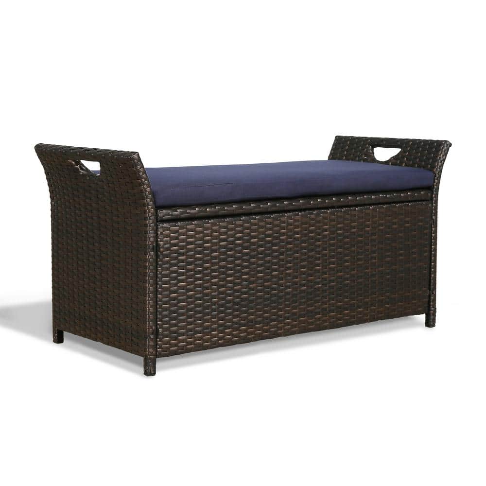 40 Gal. Rattan Outdoor Storage Bench with Cushion in Navy