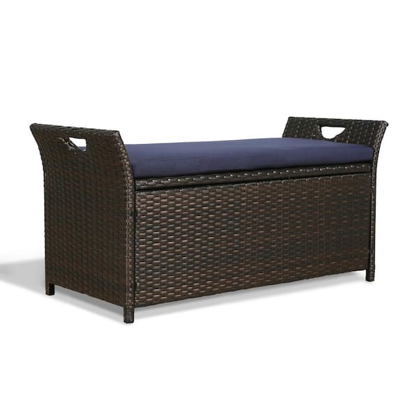 40 Gal Rattan Outdoor Storage Bench With Cushion In Navy Hd 970361 The Home Depot - Wicker Patio Storage Bench