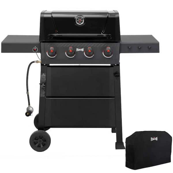 4-Burner Propane Gas Grill in Black with 2-Side Tables and Porcelain-Enameled Grates with Cover