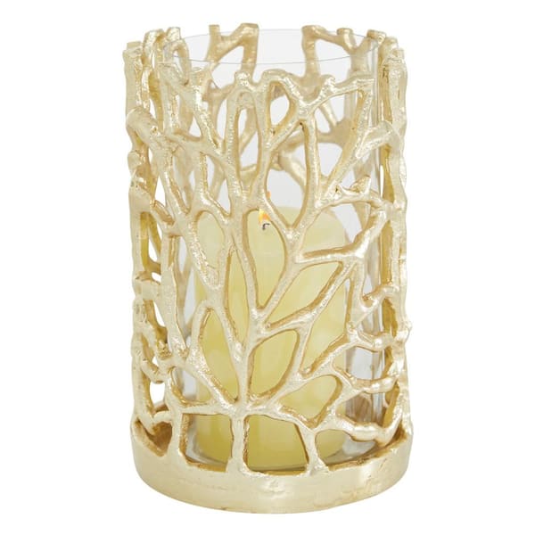 Litton Lane Gold Aluminum Decorative Candle Lantern with Coral Pattern
