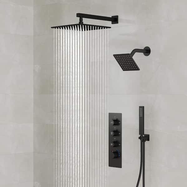EVERSTEIN 4-Knobs 7-Spray 12 in. Thermostatic Rain Dual Shower Head Fixed and Handheld Shower Head in Matte Black