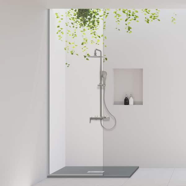 48 in. L x 34 in. W x 1.125 in. H Solid Composite Stone Shower Pan Base with Center Drain in Graphite Sand