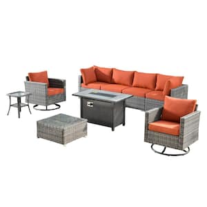 Sanibel Gray 9-Piece Wicker Outdoor Patio Conversation Sofa Sectional Set with a Metal Fire Pit and Orange Red Cushions