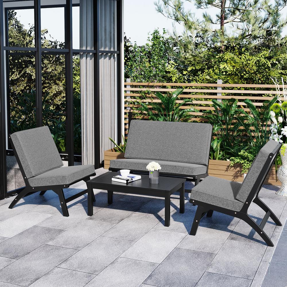 4-Piece Black Acacia Solid Wood V-shaped Patio Conversation Set with Gray C
