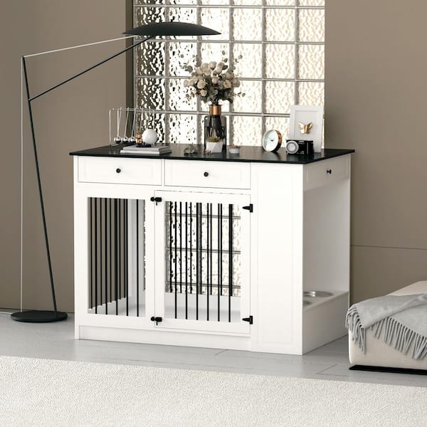 FUFU&GAGA Wooden Heavy-Duty Dog House Crate, Decorative Dog Kennel Furniture Dog Cage with Three Drawers and Dog Bowls, White