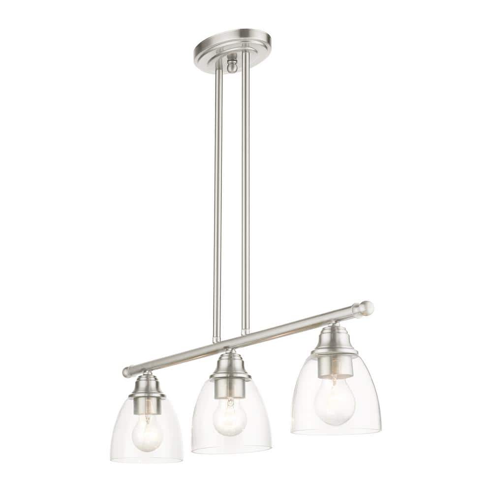 Elegant Brushed Nickel 3-Light Linear Chandelier with Hand-Blown Glass Shades