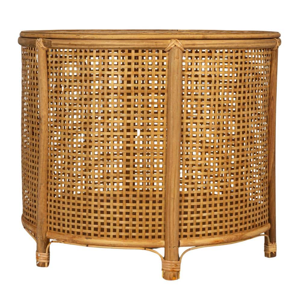 Natural Bamboo and Rattan Round Accent Table with Storage