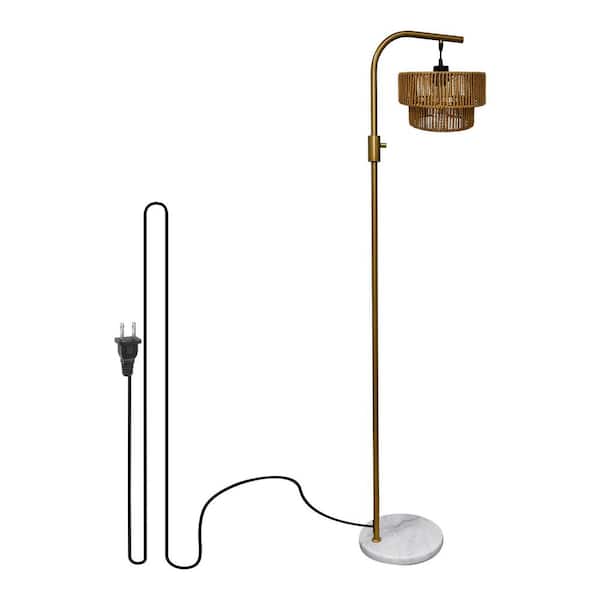 63 in. Brown Rattan Arc Floor Lamp for Living Room With Bulb Dimmable Included