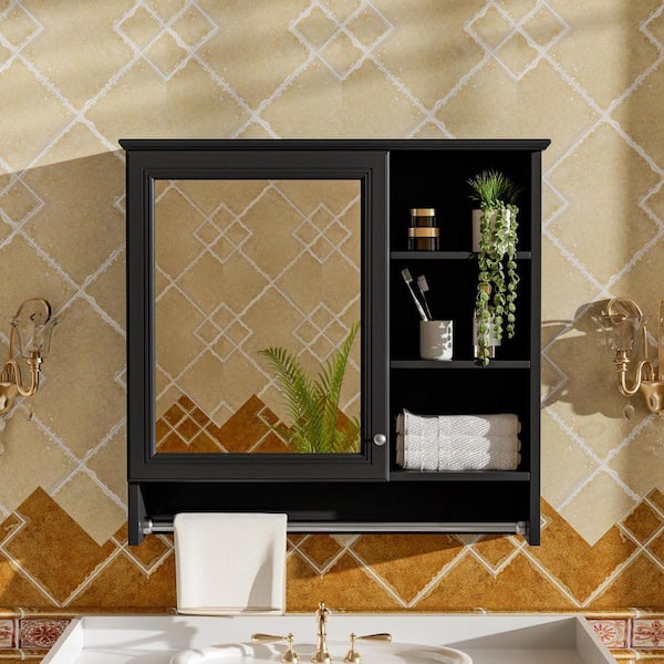 30 in. W x 28 in. H Black Rectangular Wood Medicine Cabinet with Mirror, Soft-Closing Hinges, Adjustable Shelf