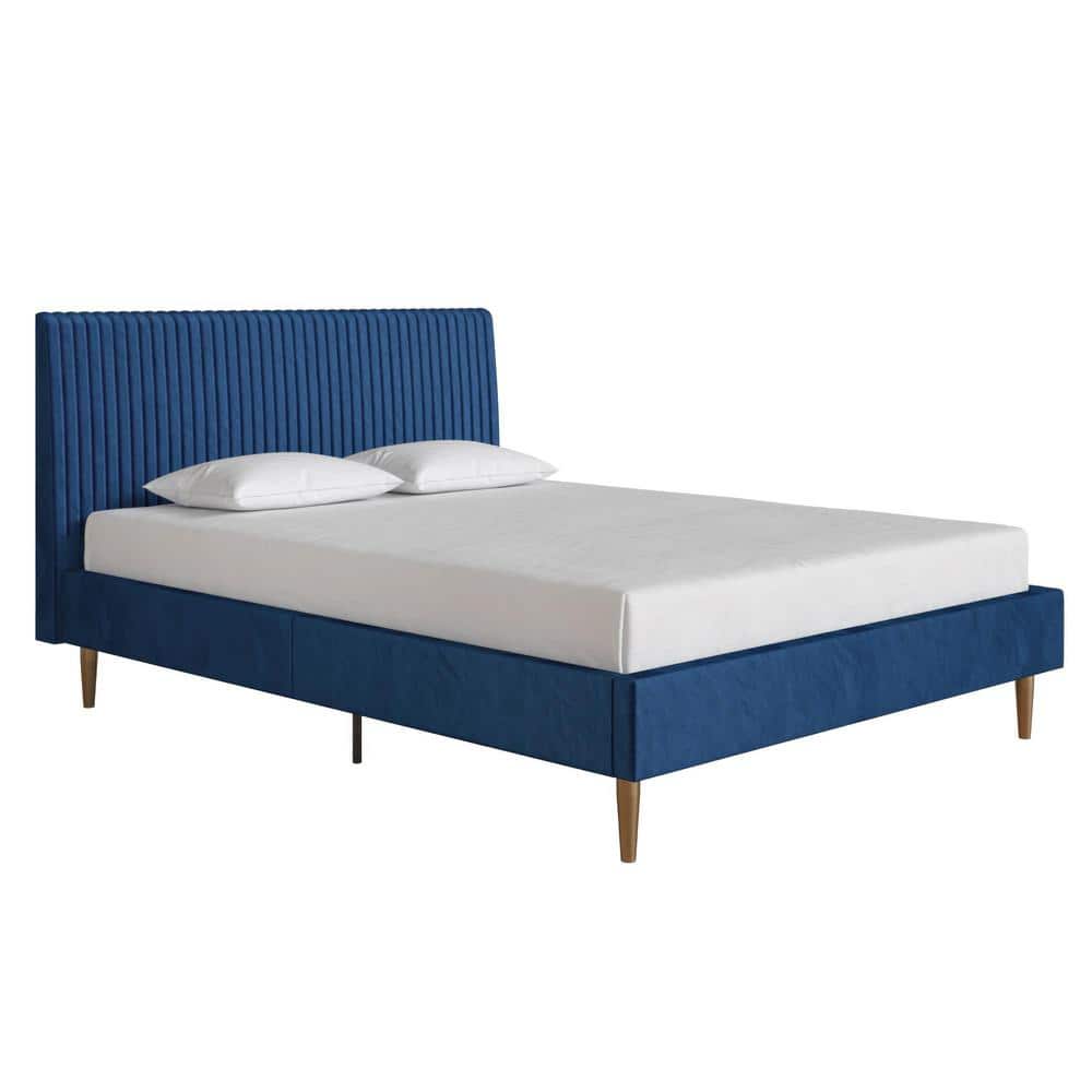 Serene Blue Velvet Queen Platform Bed with Tufted Headboard