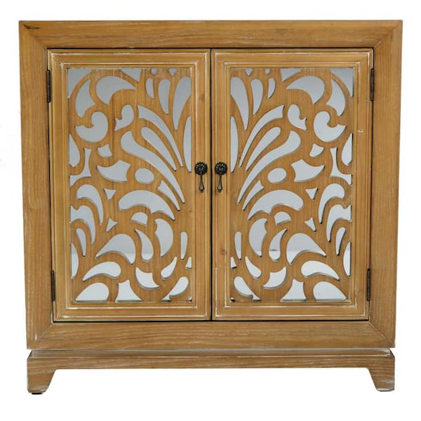 HomeRoots Shelly Assembled 32 in. x 32 in. x 14 in. Ashwood Vener Wood Glass Sideboard Storage with 2 Doors