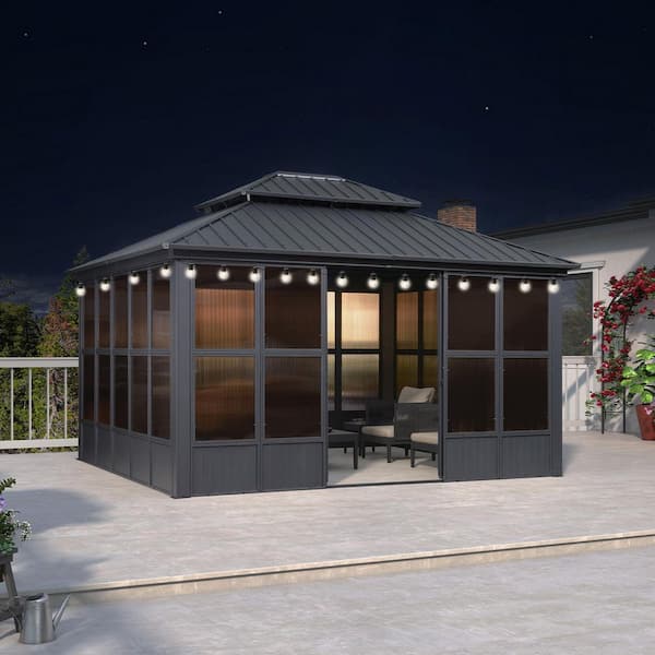 Hardtop Gazebo 12 ft. x 14 ft. Gray Aluminum Sunroom Gazebo with Double Top, Mesh Screens and 24 Lights