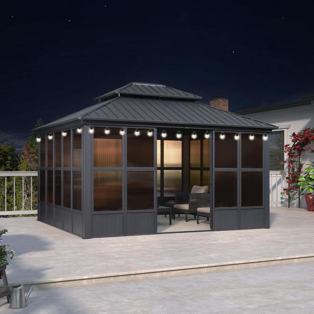 PURPLE LEAF Hardtop Gazebo 12 ft. x 14 ft. Gray Aluminum Sunroom