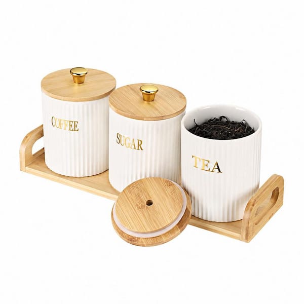 3-Piece Ceramic Canister Set with Bamboo Lids and Handle Tray Coffee Tea Sugar Storage Jars White Unit