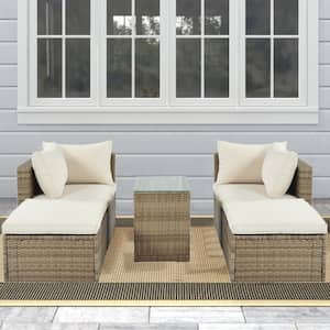 5-Piece Wicker Patio Conversation Set with Beige Cushions and Pillows