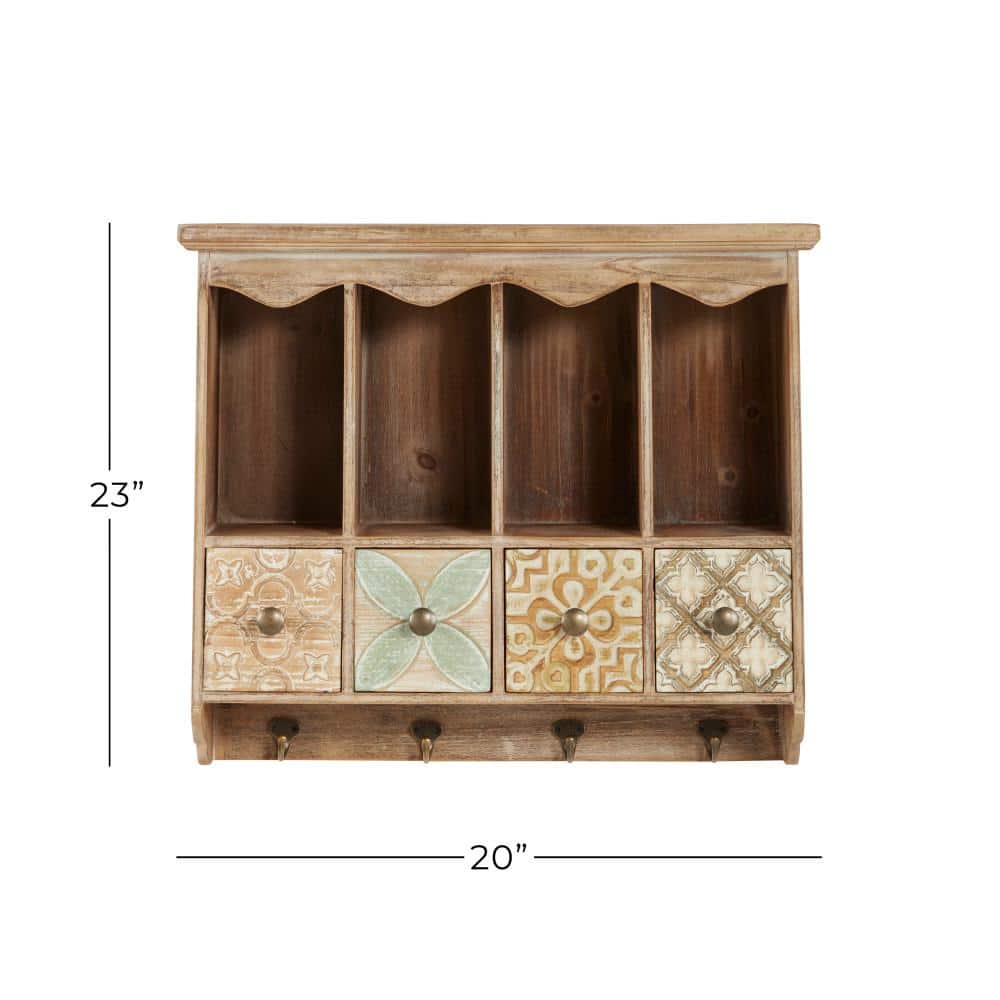 Brown Wooden Wall Shelf with Drawers and Hooks
