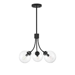 18 in. W x 13.50 in. H 3-Light Matte Black Chandelier with Clear Glass Orb Shades