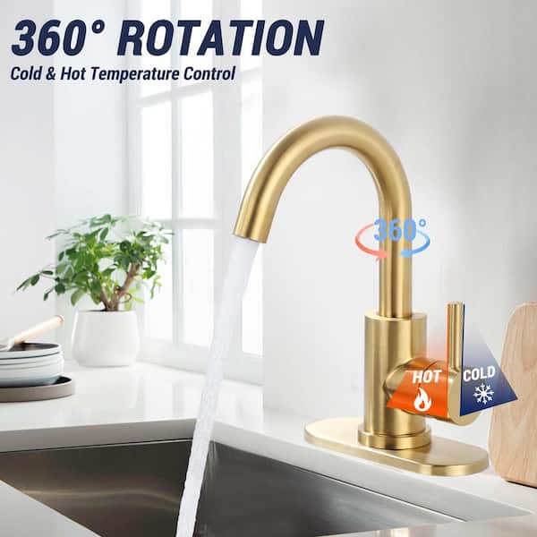 Single Hole Single Handle Stainless Steel Bar Faucet with Swivel Spout and Deckplate in Brushed Gold