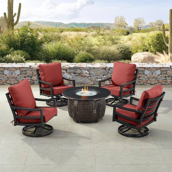 Oakland Living Black 7-Piece Aluminum Patio Fire Pit Set with 4-Club Chairs Red Cushions