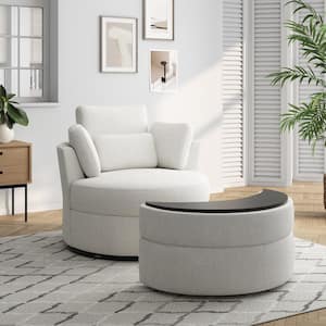 Beige Chenille Upholstered Swivel Accent Barrel Chair with Storage Ottoman and Pillows (Set of 1)