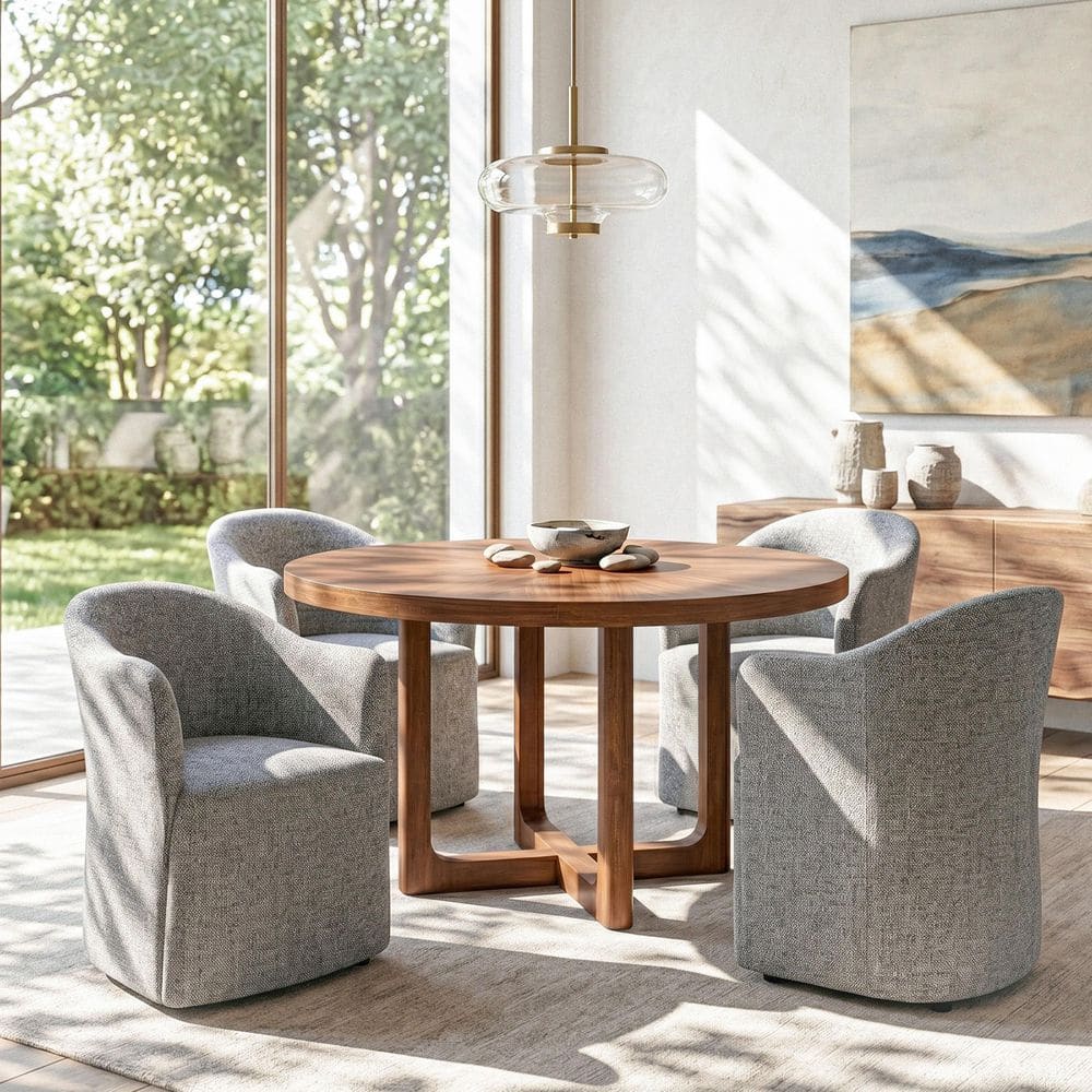 Issac 5-Piece Round Walnut Wood Top Dining Room Set with Pewter Gray Tight Back Upholstered Arm Chair (Seats 4) price history on PriceWatchPro