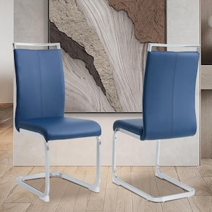 Modern Blue PU Leather High Back Dining Chair Upholstered Side Chair with C-shaped Metal Legs Office Chair (Set of 2)