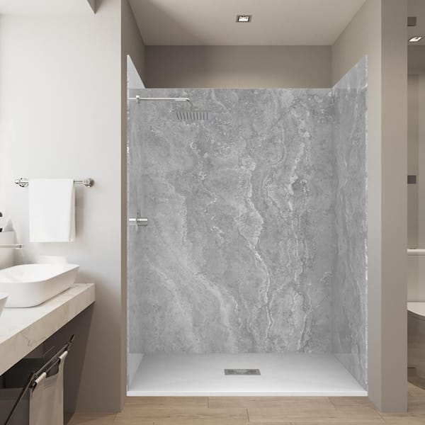 Tundra L. Gray 32 in. x 60 in. x 84 in. Solid Composite Stone Alcove Shower Kit w/ Walls and White Pan Base Center Drain