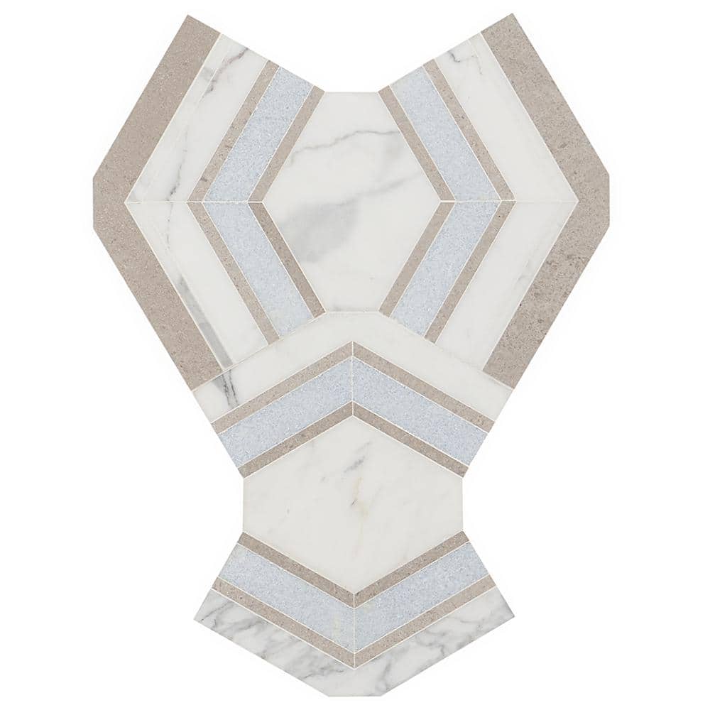 Cream and Blue Geometric Polished Marble Mosaic Tile 11x18