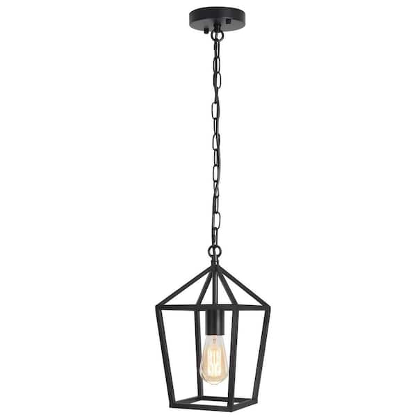 1-Light Black Modern Farmhouse Cage Lantern Pendant Light