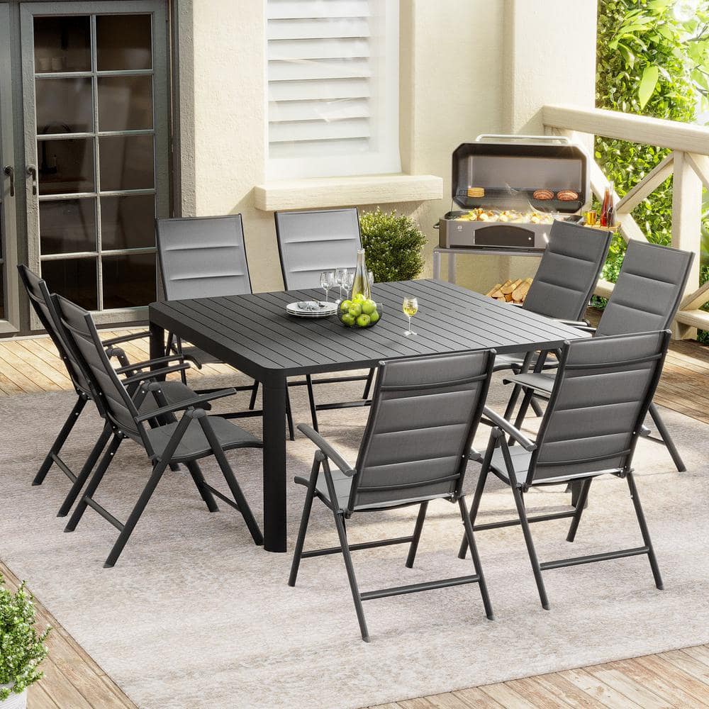 9-Piece Aluminum Outdoor Dining Set with 8-Folding Padded Dining Chairs and Extendable Rectangular Table for Patio